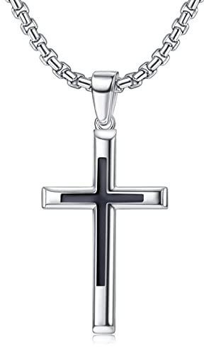 JeweBella Cross Necklace for Men Women 925 Sterling Silver Black Cross Pendant With 3MM Wide Stainless Steel Round Box Chain Highly Polished Beveled Edge Cross Pendant Necklace Length 41-66CM