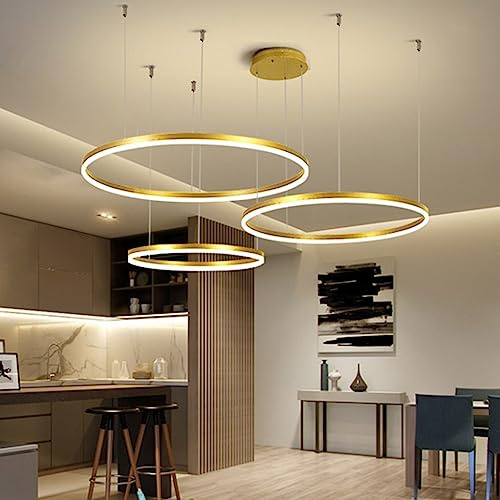 LED Pendellampe Moderne Esszimmer Hängeleuchte 3 Ringe Pendelleuchte Dimmbar Mit Fernbedienung Kronleuchter Höhenverstellbar Wohnzimmer Hängelampe Aluminium Runde Acryl Kronleuchter Beleuchtung ( Colo