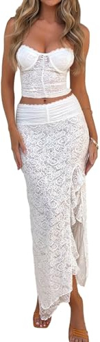MAHUAOYIXI 2 Pièces Ensemble Élégant Femme Tenue Adhérente Transparente Sexy Top Sans Manches Corset Sans Bretelles en Dentelle Broderie Florale Courte Top + Jupe avec Fentes Longue Sexy, Blanc, M