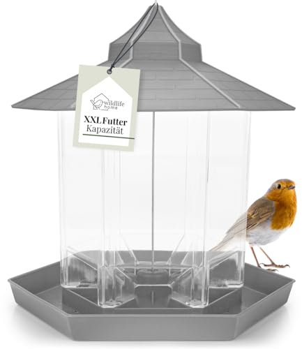 WILDLIFE HOME Vogelhaus zum Aufhängen, XL Vogelfutterhaus I Futterlaterne Grau I Vogelfutterspender für Garten & Balkon I Futterstation Wildvögel ganzjährig