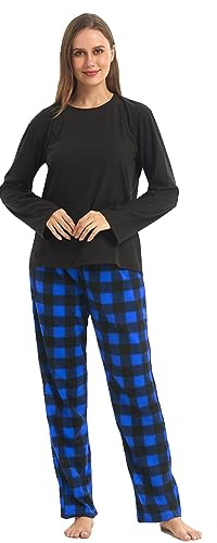 YUSHOW Winter Pyjamas Womens Pyjamas Set Ultra Soft Microfleece Long Sleeve Top & Fleece Checked PJs Bottoms Pyjamas for Women Lounge Wear Sets 2 Pieces