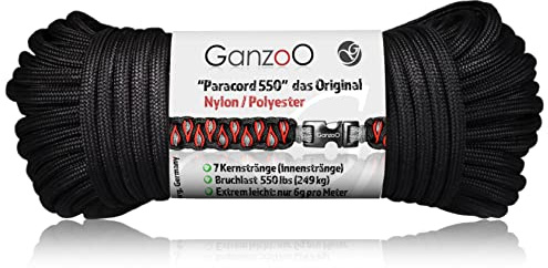 Ganzoo Paracord 550 Cuerda 4 mm 3 m con 7 Hilos Interiores, Funda poliéster/Nylon, Color Schwarz, Tipo 3, para Pulsera, Llavero, Correa y Collar de Perro, Camping y Supervivencia Outdoor Multiusos