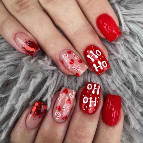 24 Pièces Noël Faux Ongles Court Carrés Français Ongles à Coller Glossy Coeur d'amour Rouge Acrylique Capsules Ongles Ballerine Artificiel Naturel Press on Nails pour Femmes et Filles