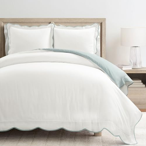 Lush Decor Coastal Chic Baumwoll-Bettwäsche-Set mit gewelltem Rand, 3-teiliges Set, Kingsize, Blau und Weiß, King-Size-Bettbezug, weißer Bettbezug, Kingsize-Bett, Küstendekor