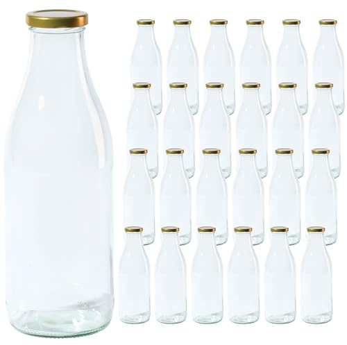 Vitrea 24 leere Glasflaschen 1 Liter Schraubverschluss Gold - Milchflaschen, Saftflaschen, große Flaschen zum Befüllen mit Deckel - für Milch, Saft, Smoothies, Öl - 24 Stück, TO48, Milch