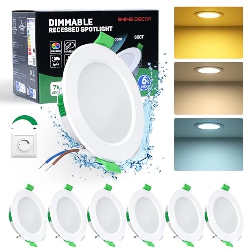 Shine Decor LED Einbaustrahler Dimmbar, Deckenspots 230V, 5W 500LM Einbauleuchten Küche, IP44, 3 Farbtemperatur 3000K/4000K/6000K, Øφ67-80mm, 6er Set