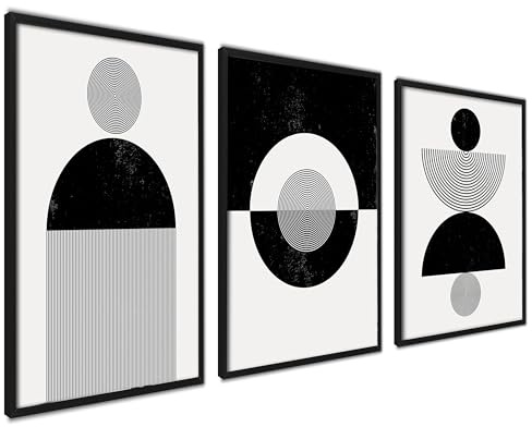 3er Set Poster 30x40cm Schwarz Wanddeko Wohnzimmer Ideal als Geschenk Flur | Moderne mit RAHMEN Bilder Wohnzimmer Deko Schlafzimmer Abstrakt und weiß, Modernes Design, Hochwertige Qualität, Schlafzimmer