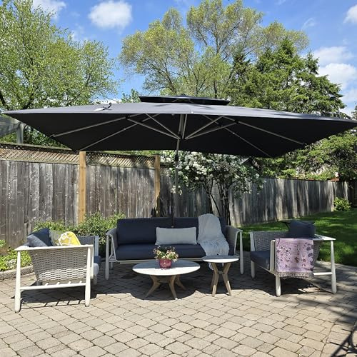 PURPLE LEAF Parasol Déporté 3 x 3,65 m Rectangulaire avec Pied, Parasol de Jardin Extérieur à Toit Double Rotatif 360°, Convient au Patio, Piscines, Cafés et Restaurants, Gris acier