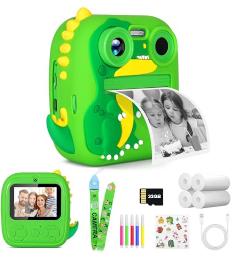 Kinderkamera Sofortbildkamera ，96MP Dual-Lens + 2,4 Zoll Bildschirm, Inkl. 32GB SD-Karte & 4 Druckerrollen&Lanyards and Bracelets， Kreativgeschenk zu Weihnachten für Kinder 3-12 Jahre (Grüner)