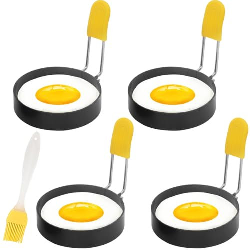 Spiegeleiform, 4 Stück Spiegeleierformen für die Pfanne, 3 Zoll Edelstahl Ei Ring Pancake Form Egg Ring mit Klappgriffen und Ölpinsel für Spiegeleier Sandwiches Hackbraten(‎Schwarz)