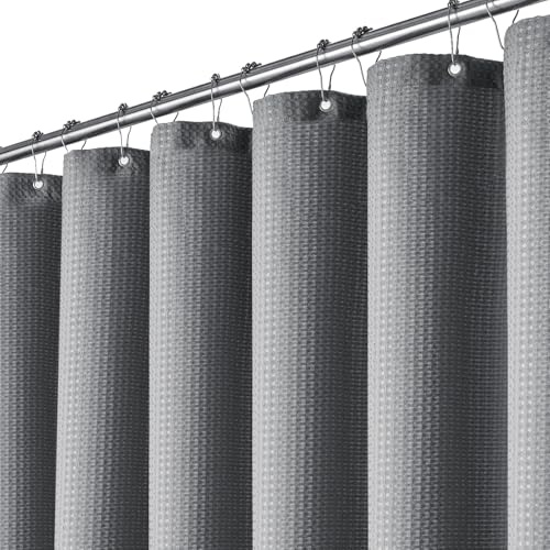 BTTN Duschvorhang Waffelstruktur 180x200 cm Anti-Schimmel wasserdicht, Grau | 12 Plastikhaken, Rückseitig Laminiert Wasserdicht, Waffelstruktur, Anti-Schimmel, Beschwerter Saum, Waschbar Textil Stoff