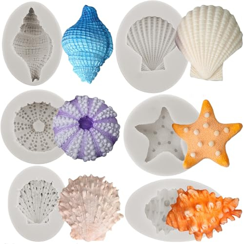 MYPRACS Lot de 6 moules en silicone avec coquillages, étoiles de mer, fondants, oursins, moules à bonbons pour décorer des gâteaux, des décorations de cupcakes, du chocolat, du sucre, de la pâte à