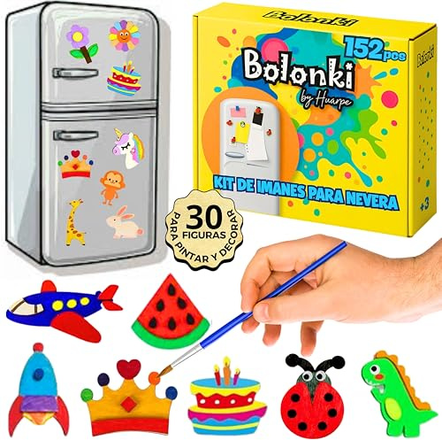 Bolonki Crea 30 Imanes para Nevera- Kit Manualidades Niños 3 4 5 6 7 8 9 10 Años, Kit Pintura Niños, DIY Art Creativo, Madera Manualidades, Regalos Cumpleaños Niño, Juego Manualidades, Manualidades