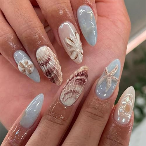 CharmBurst 24 Stück Mandeln Press On Nail, Sommer-Ozean-Stil, 3D-Streifen Nägel Zum Aufkleben, Schale Muster Falsche Nägel