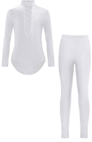 Sxiwei Gymnastikanzug Kinder Jungen Ärmellos Turnanzug Trikotanzug mit Leggings Latein Jazz PerformanceTanzbekleidung Weiß 158-164