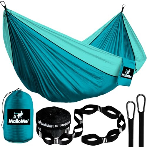 MalloMe Hamaca individual (285 x 140 cm), ultraligera, para viajes, camping, para exteriores para 2 personas o 1 niños y adultos, transpirable, impermeable, de nailon de paracaídas, incluye