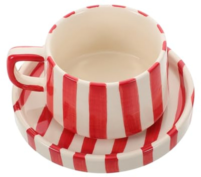 EXHUMKY Tasse à Cappuccino en Céramique Rayée Rouge Soucoupe, Service à Café Créatif pour Bureau et Pause Thé, Ensemble pour Latte Art et Café au Lait