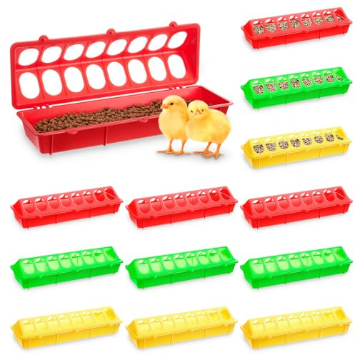 Didaey 12 Pieces Quail Feeders and Waterers Plastic Flip Top Chick Feeder No Waste Trough Dish Dispenser for Baby Chick Bird Pigeon Small Poultry Brooder Ducks, 3 Colors