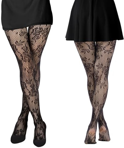 HZHSGLY 2PCS Black Lace Tights, Floral Patterned Tights High Waist Fashion Fishnet Stockings for Woman Ladies (Flower + Heart shape)