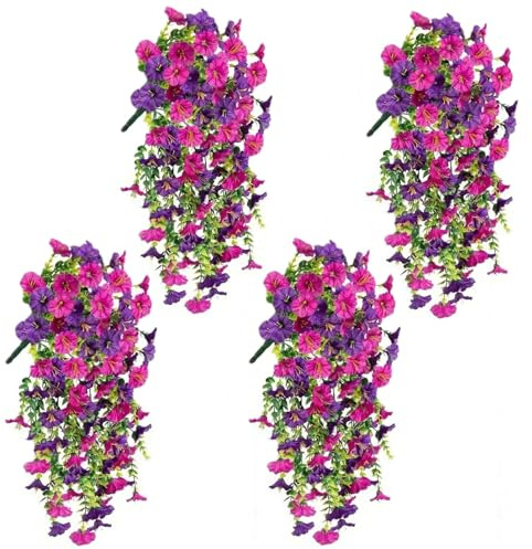 Kunstblume Hängend Petunien Seidenblumen - 4 Stück Künstliche Pflanzen Hängend Wetterfest Kunstblumen Balkon Hängepflanzen Plastik Hängepflanze UV-Beständig für Draußen Garten Hochzeit Dekoration