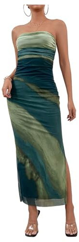 GORGLITTER Strapless Dresses for Women UK Tie Dye Mesh Ruched Bodycon Slit Maxi Elegant Bandeau Wedding Guest Dress Green Large