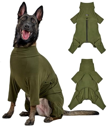 OneTigris Hund Onesie, FUZZBUD Einteiler für Große und Mittelgroße Hunde Weicher Warmer Dehnbarer Mehrzweck Hundepyjama für Haarausfall, Allergien, Anti-Lecken, Wundschutz - Grün M