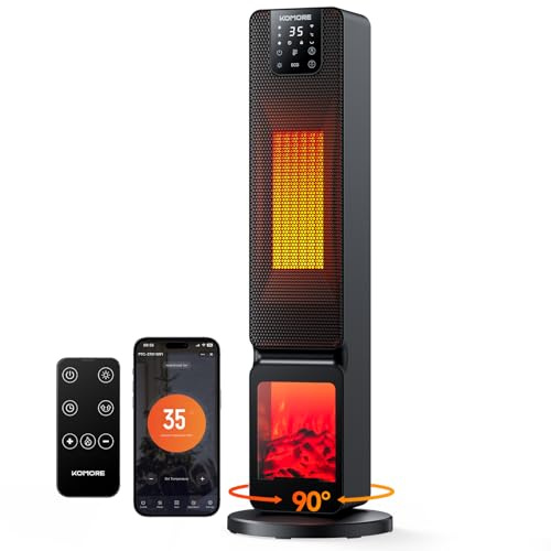 KOMORE Heater with Fireplace, 2000W WIFI APP Electric Heater for Home, 90°Oscillation PTC Fan Heater, 4 Modes, ECO Adjustable Temperature, LED Display, 12h/7d Timer, Remote Control