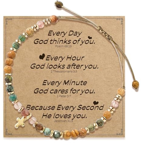 Rainway Bracelet chrétien pour femme - Bracelet de perles en pierre naturelle avec pendentif croix réglable - Bracelet inspirant - Cadeaux chrétiens pour communion, baptême, foi quotidienne