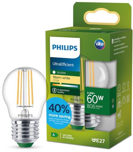 Philips LED UltraEfficient klar P45 ljuskälla, E27 sockel, energiklass A, 806 lm, 60W ekvivalent, varmvit (2700K), EyeComfort, 50 000 timmar, 1 förpackning