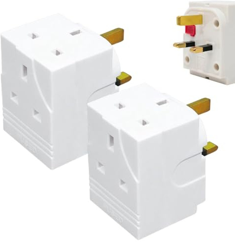 3 Way 3 Pin Power Plug Adaptor 13A Fused Cube 3 Pins Multi Wall Socket Splitter Extension 250V Plug Extender Socket Portable UK Plug For Kitchen Home Office & Indoor Lighting (Pack Of 2)