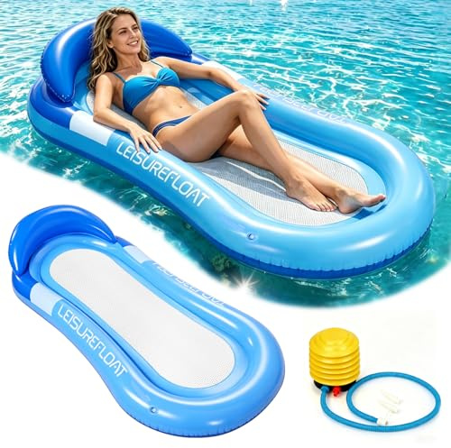 Qcdou Wasserhängematte mit Kopfstütze, Luftmatratze Pool, Aufblasbare Lounge Liege, Schwimmmatratze, Pool Hängematte, Pool Wasserhängematte für Erwachsene 160 * 90cm(Blau)