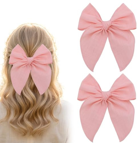 Aribliseza Rosa Haarschleife, 2 Stück, Baumwoll-Leinen, für Mädchen und Damen, für Pferdeschwanz und Sommer