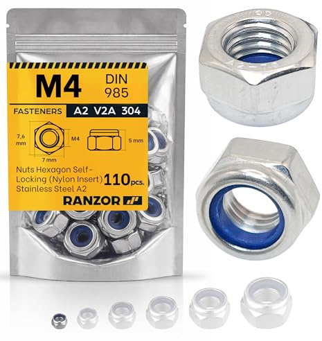 RANZOR Tuercas Autoblocantes Hexagonales M4-110 Unidades - Inserto de Nylon - Acero Inoxidable A2 V2A 304 - DIN 985 - Paso 0.7 mm - Tuerca de Seguridad Antivibración, Mecánica