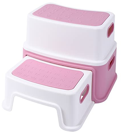 GarveeMore Tritthocker Kinder 2 Stufen, Zweistufiger Robuster Hocker Stabil & Leicht, Tritthocker für Badezimmer, Waschbecken und Toilette, Anti-Rutsch für Kleinkinder Trittschemel