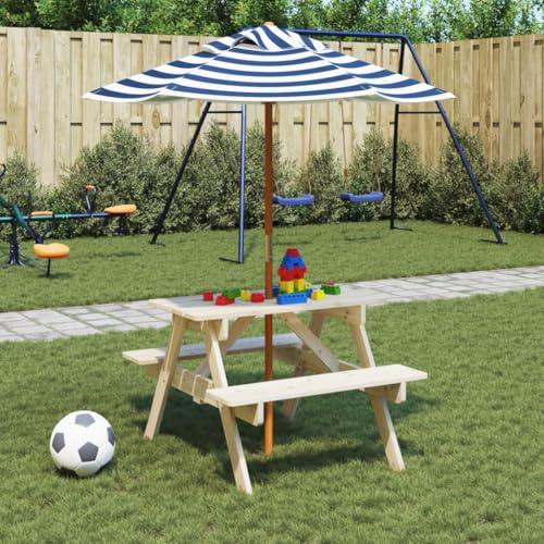 Runheo Picknicktisch für 4 Kinder mit Sonnenschirm aus massivem Tannenholz, Gartentisch für Terrasse und Balkon, wetterfester Beistelltisch für Outdoor, Loungetisch ideal zum Grillen und Camping