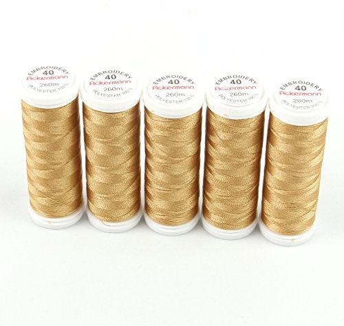 Ackermann® Embroidery (5X 260m) Maschinen STICKGARN, hochglänzendes und reißfestes Garn für die Näh- und Stickmaschine (2884 Gold 7)