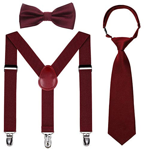 Kinder Hosenträger Fliegen Krawatten Sets - Einstellbar Elastisch Klassisch Hosenträger Fliegen Set für 6 Monate alte - 13-jährige Jungen & Mädchen (Weinrot,80cm(6 Jahre alt - 5 Fuß hoch))