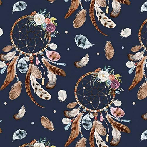100 % bomull, bomullstyg, barntyg, metervara, hantverk, sömnad, tyg, djurmotiv, 100 x 160 cm, 1 meter (drömfångare blomma, mörkblå St273)