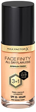 Max Factor Líquido Facefinity 3 en 1 All Day Flawless Air bursh& Vegan, Base de Maquillaje, Tono W44