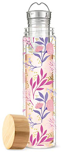 Pinky Up Blair Travel Tea Infuser Mug, Double Walled Insulated Travel Tumbler with Loose Leaf Tea Strainer, Travel Coffee Mug, Keeps Drinks Hot or Cold, 16 oz, Botanical Design