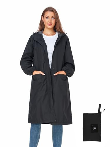 SaphiRose Womens Long Hooded Rain Jacket Waterproof Lightweight Raincoat Windbreaker Black X-Large
