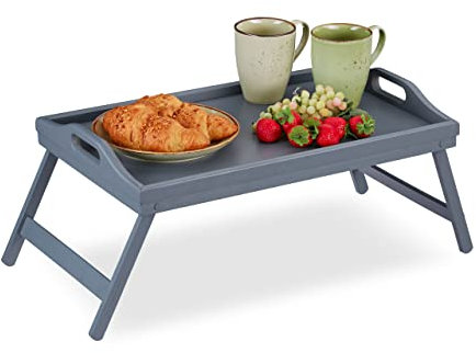 Relaxdays Bandeja Cama con Patas Plegables y Asas, Borde Elevado, Bambú, 6,5 x 50 x 30 cm, Gris, 23 x 60,5 x 30 cm