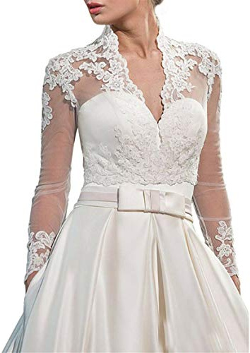 Megan Lace V Neck Wedding Jacket Bridal Bolero Shrug With Long Sleeves Appliques white