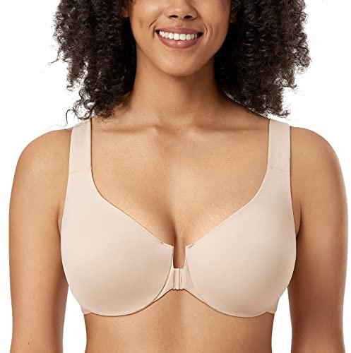 DELIMIRA Kvinnors Ofodrade Bygel Heltäckande Behåar Plus Size Front Stängning Racerback Bh Beige 100H