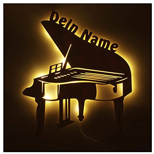 Namofactur personalisierte Klavier-Wandlampe aus Holz mit LED | Mit Wunschname, Batteriebetrieb und verschiedenen Farben – flexibel platzierbare Lichtdeko für Musikzimmer und Wohnraum