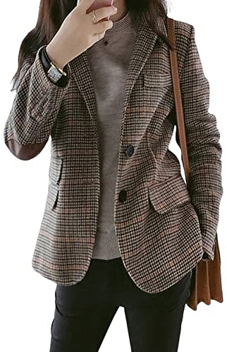 CHARTOU Women's Chic Lapel Collar Plaid 2-Button Business Work Office Blazer Suit Jacket (Medium, Brown)
