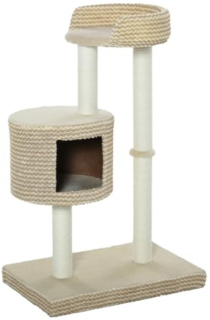 PawHut Katzenbaum Kratzbaum Kletterbaum Katzenkratzbaum, kuschelige Aussichtsplattformen, beige und Kaffee, Spanplatte, Plüsch, Jute, 61x41x96 cm