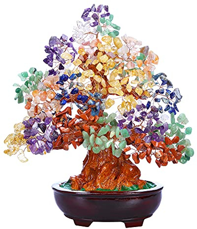 Top Plaza 7 Chakra Healing Crystal Tree 10 Inch Stone Bonsai Tree Feng Shui Good Luck Wealth Money Trees Decor Business Gift for Office Home Living Room