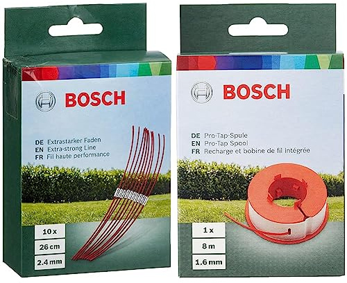 Bosch F016800181 Trimmerfaden extra stark / 26 cm ART 26 combitrimm & Ersatz-Trimmerfadenspule „Pro-Tap“ 1,6 mm Durchmesser x 8 m Länge