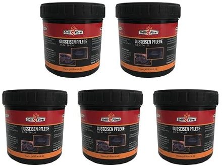 Grillfürst Einbrenn- und Pflegepaste inkl. Schwamm, 5 x 250 ml - Pflege für Gusseisen, Gussrost, Dutch Oven und Feuertopf, aus Kokosnussöl und Wachs